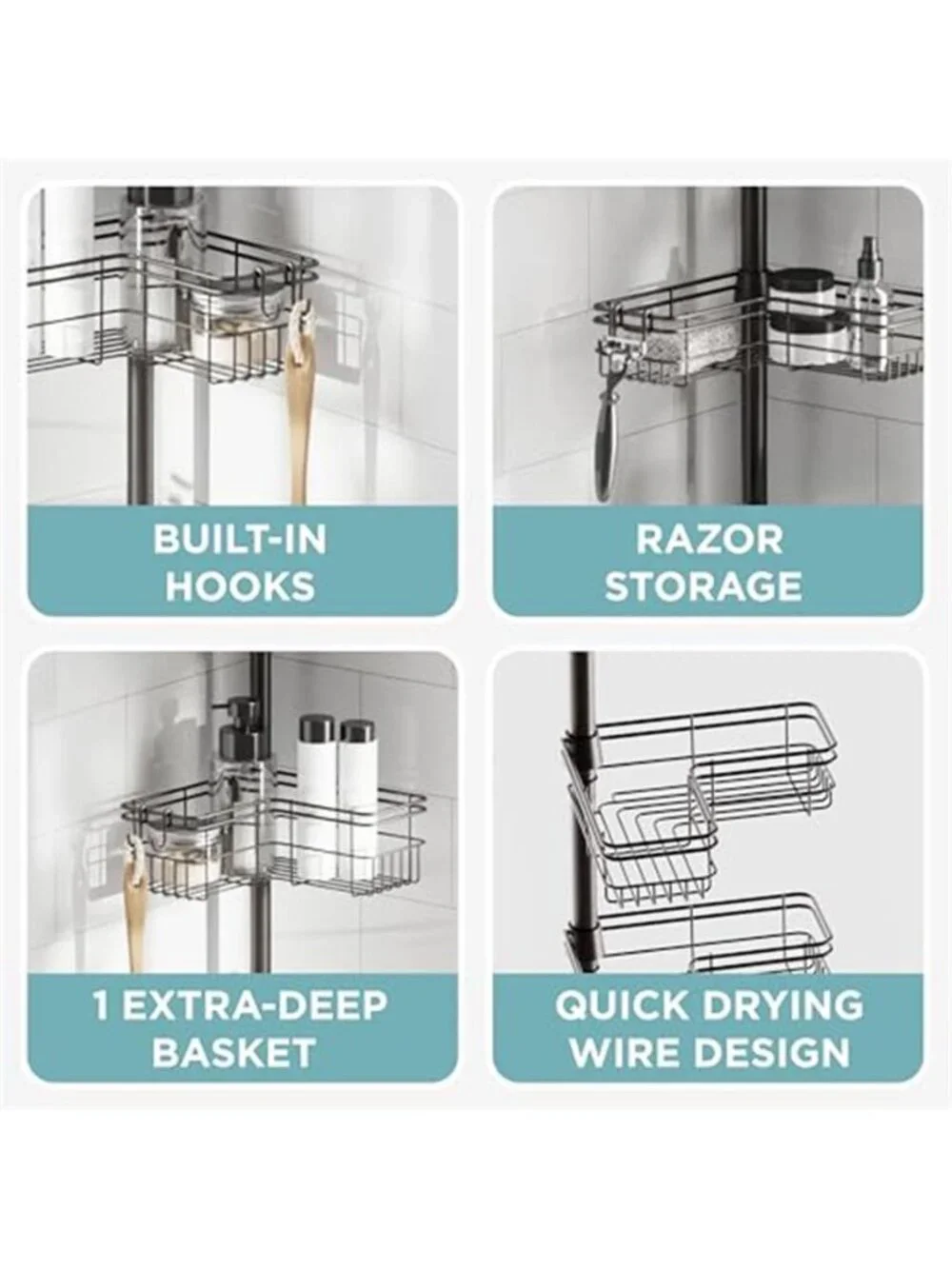 Zenna Shower Caddy Tension Pole Corner Organizer Adjustable Shelf Bathroom